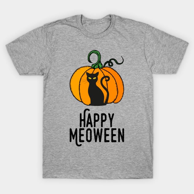 Happy Meoween – Halloween Pumpkin Cat T-Shirt by HighBrowDesigns